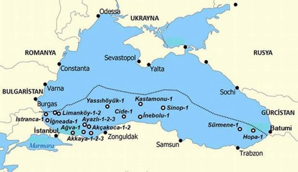 Türkiye'nin Karadeniz sahillerinde daha önce petrol ve doğalgaz araması yaptığı ve açtığı kuyuların haritası