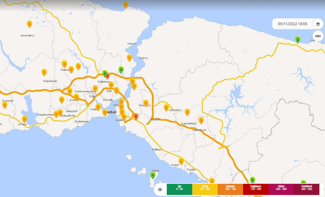 موقع وزارة البيئة والتحضر يوضح تلوث الهواء في اسطنبول.