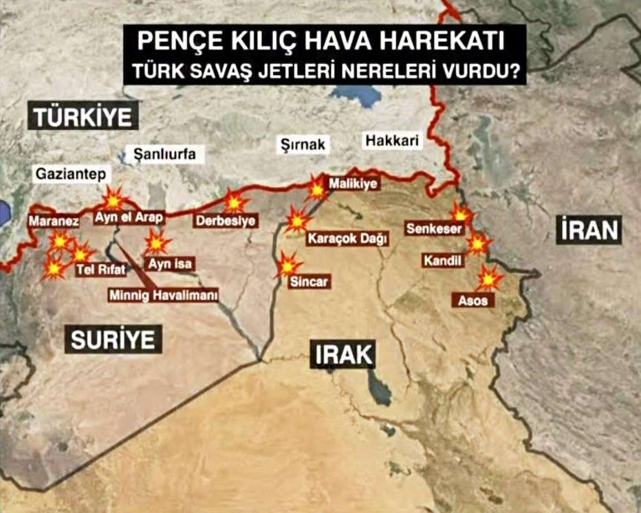 Türkiye'nin, Suriye ve Irak'ta gerçekleştirdiği Pençe Kılıç Operasyonu'nda vurulan noktaların harita üzerindeki konumları