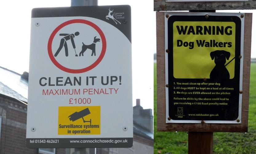 Avertissements aux propriétaires de chiens de collecter les excréments de chien et de ne pas autoriser les chiens sans laisse au Royaume-Uni