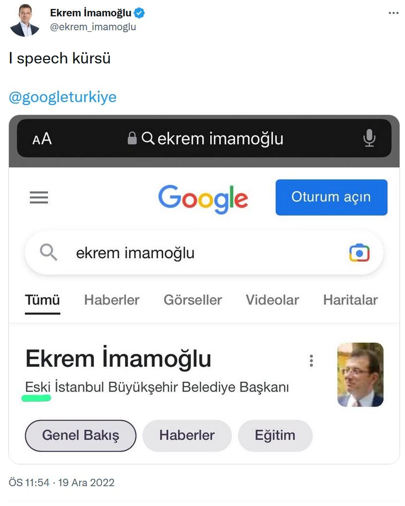 CHP'li Ekrem İmamoğlu, Cumhurbaşkanı Erdoğan'ın 2019 Birleşmiş Milletler İklim Zirvesi'nde sarf ettiği 'I speech kürsü' ifadesine atıf yaparak Google'a eleştiri yöneltti.