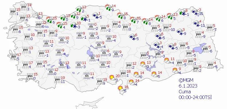 6 Ocak 2023 Cuma günü Türkiye genelinde hava durumu haritası