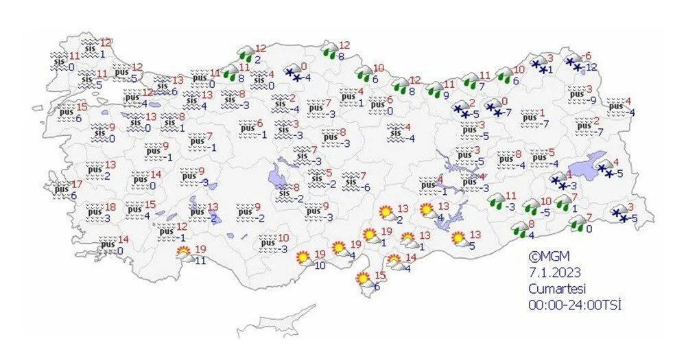 7 Ocak 2023 Cumartesi günü Türkiye genelinde hava durumu haritası