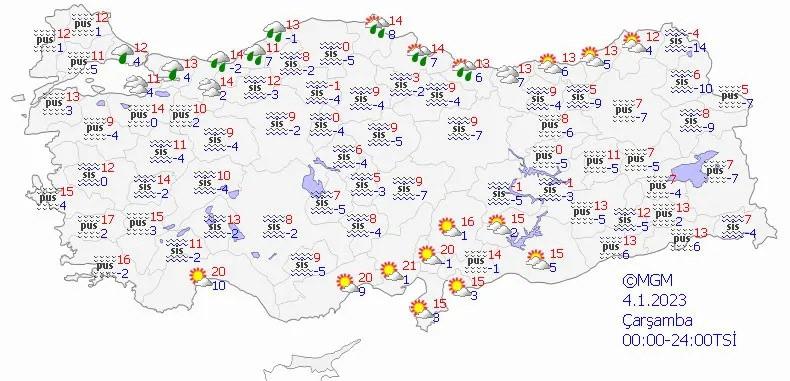 4 Ocak 2023 Çarşamba günü Türkiye genelinde hava durumu haritası