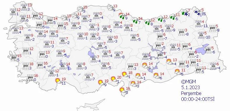 5 Ocak 2023 Perşembe günü Türkiye genelinde hava durumu haritası