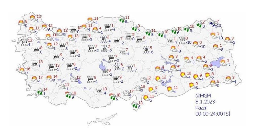 8 Ocak 2023 Pazar günü Türkiye genelinde hava durumu haritası