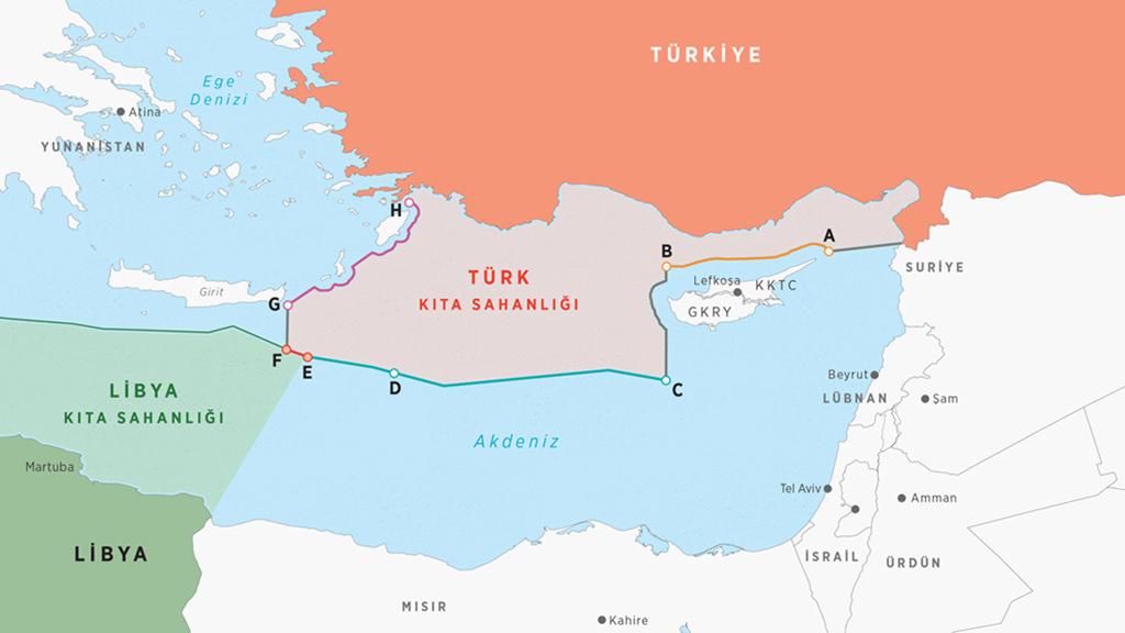 Türkiye ile Libya arasında 2019 yılında imzalanan Münhasır Ekonomik Bölge anlaşmasının haritadaki yeri.