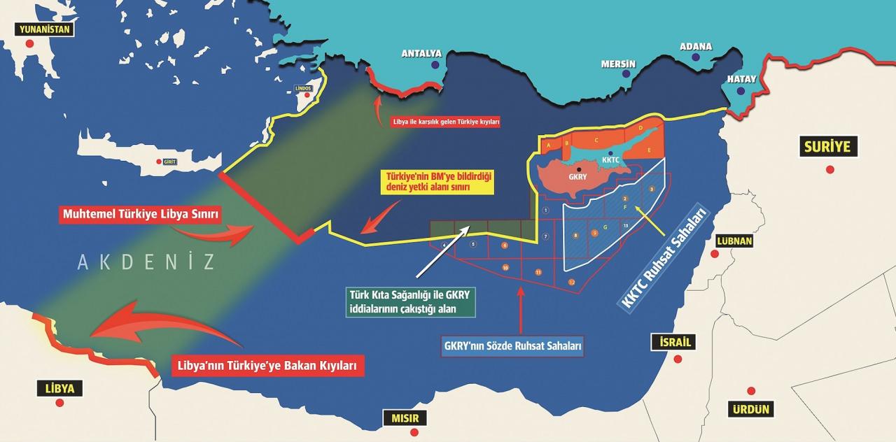 Türkiye ile Libya arasında 2019'da imzalanan deniz yetki anlaşmasıyla belirlenen sınırlar.