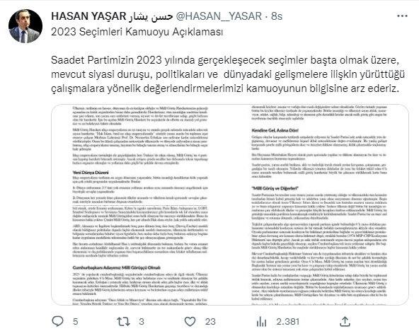 Haymana Mutabakatı Heyeti Yürütme Kurulu Başkanı Hasan Yaşar'ın Twitter'da yapmış olduğu paylaşım