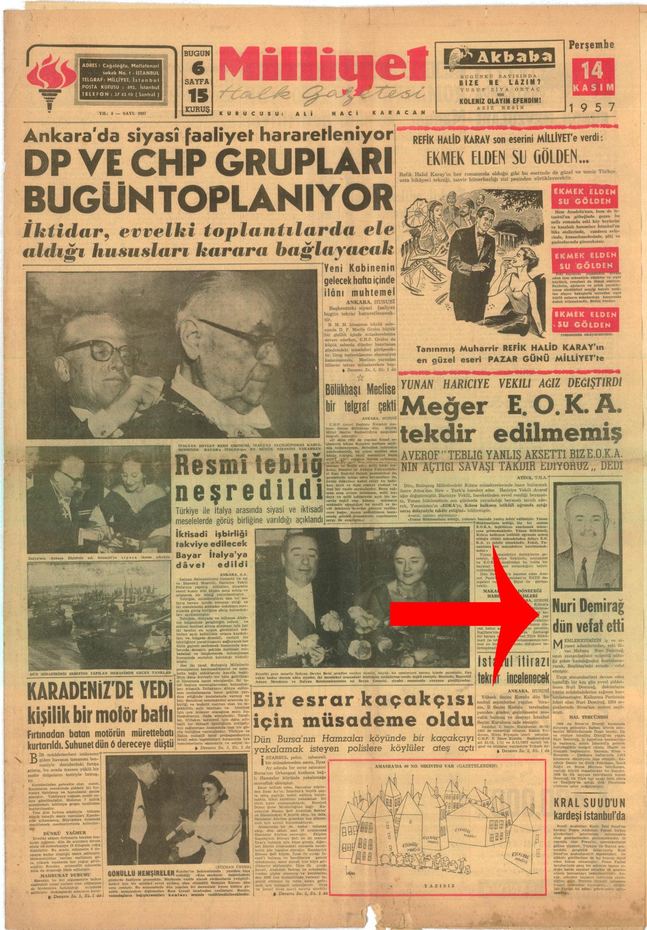 Milliyet gazetesinin 14 Kasım 1957 tarihli sayısı "Nuri Demirağ dün vefat etti"