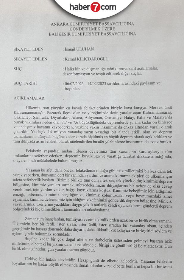 İsmail Uluhan'ın Kemal Kılıçdaroğlu aleyhinde hazırladığı suç duyurusu metninin ilk nüshası