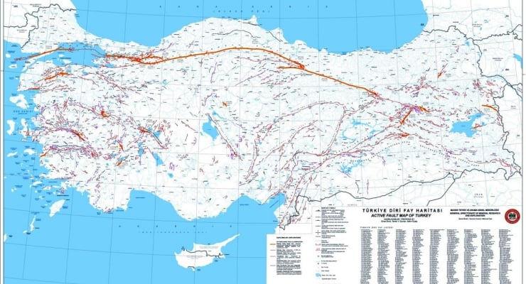 MTA'nın 2013 yılında yayımladığı Türkiye Diri Fay Haritası'nın bir örneği