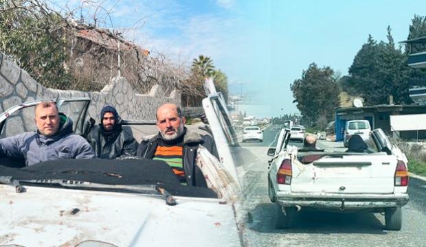 Hatay'da şaşkına &ccedil;eviren g&ouml;r&uuml;nt&uuml;: Enkazdan &ccedil;ıkardığı yarım otomobille trafiğe &ccedil;ıktı!