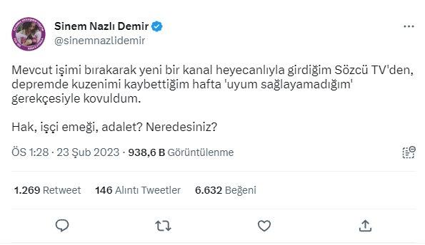 Sinem Nazlı Demir'in 23 Şubat Perşembe günü Twitter üzerinden yayınladığı gönderi