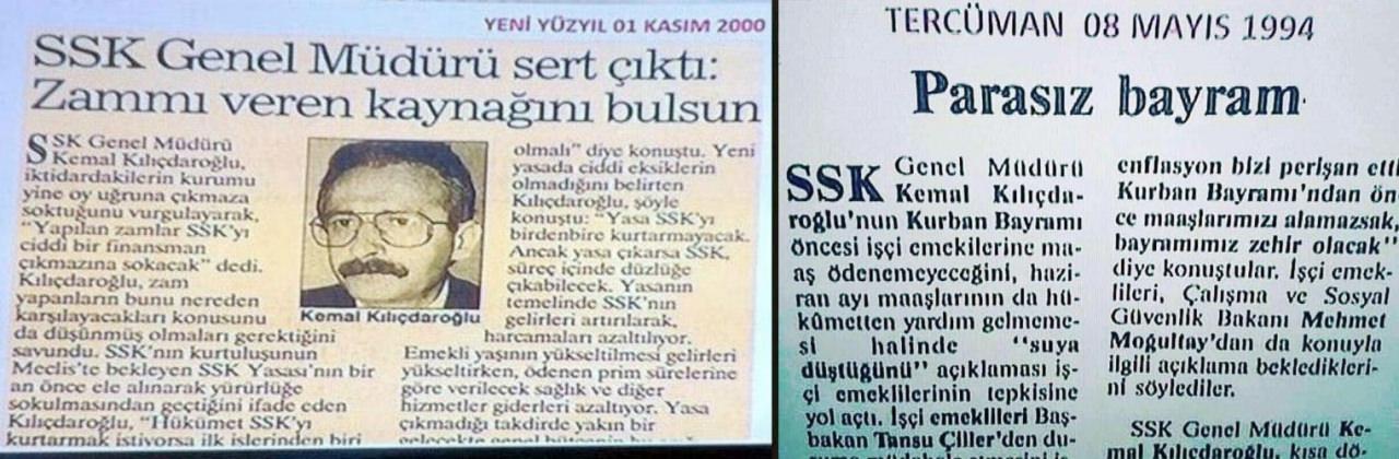 Kılıçdaroğlu'nun SSK Müdürlüğü dönemine ait 2 gazete kupürü.