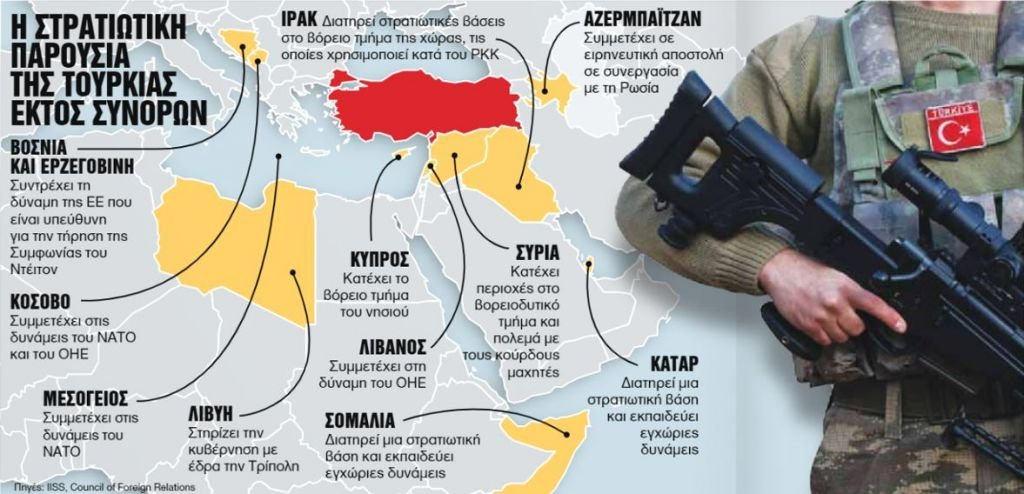 Ta Nea'nın hazırladığı haberde Türkiye'nin Ermenistan, Irak, Suriye, Katar, Somali, Kosova, Bosna Hersek gibi ülkelerle ilişkileri de haritada gösterildi.