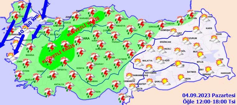 Yağışların, İç Anadolu’nun kuzeybatısı ile Afyonkarahisar, Kütahya, Bolu ve Kastamonu çevrelerinde yer yer kuvvetli olması bekleniyor.
