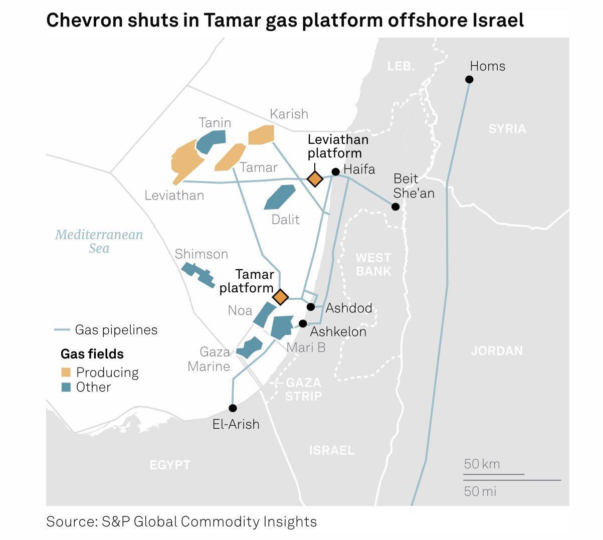 Tamar gaz sahasından çıkarılan doğalgazın işlenerek karaya çıkarıldığı Tamar Platformu, İsrail işgalindeki Aşdod ve Aşkelon'a yakın noktada.