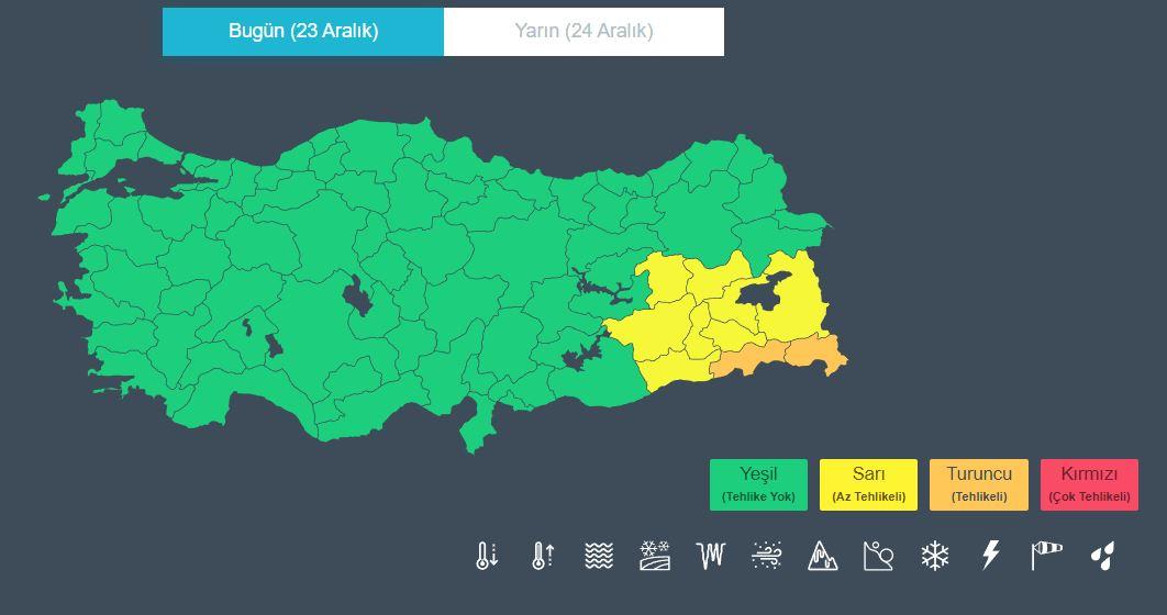 Meteoroloji Genel Müdürlüğü, Bingöl, Diyarbakır, Mardin, Siirt, Batman, Bitlis, Muş ve Van için sarı kodlu, Hakkari ve Şırnak için ise turuncu kodlu uyarıda bulundu.