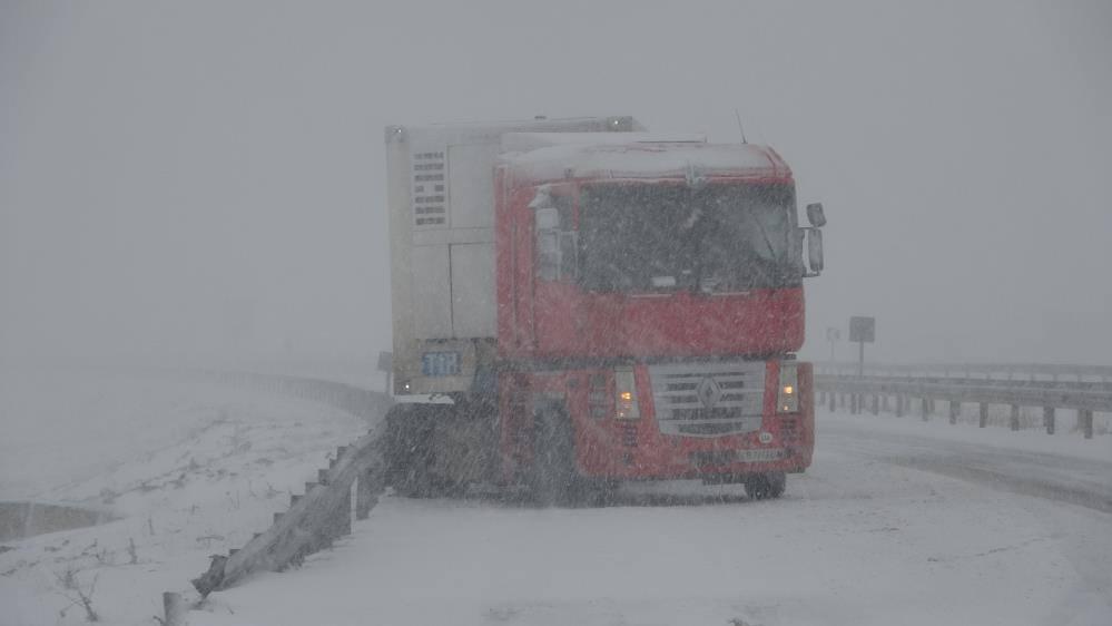 Kar yağışı ve fırtınanın etkili olduğu Ardahan'da tırlar yollarda kaldı.