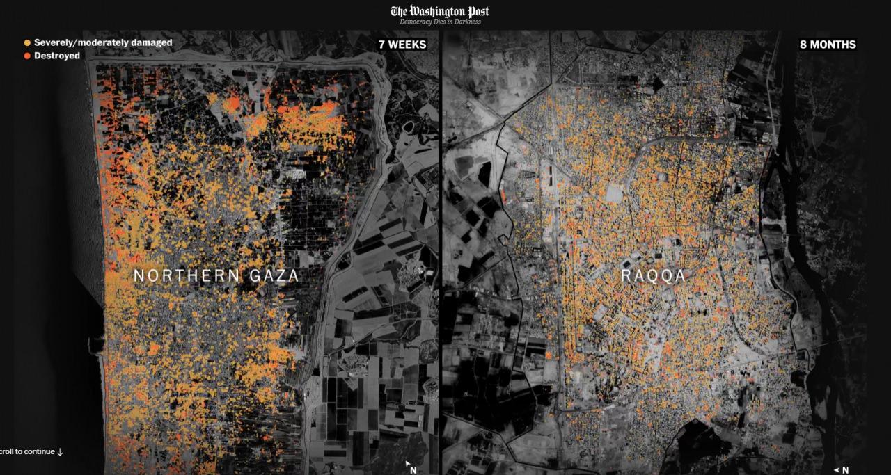 Kuzey Gazze ve Rakka'da hasarlı binaları gösteren uydu görüntüsü