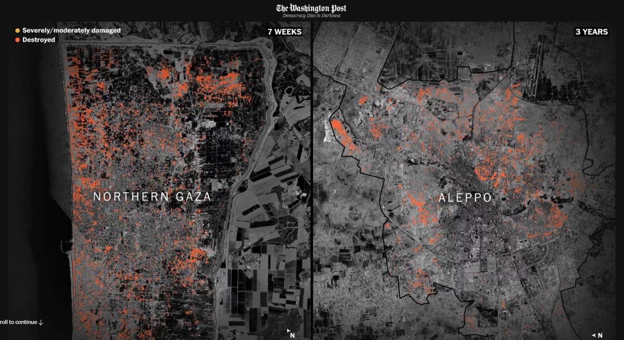 Kuzey Gazze ve Halep'te yıkılan binaları gösteren uydu görüntüsü