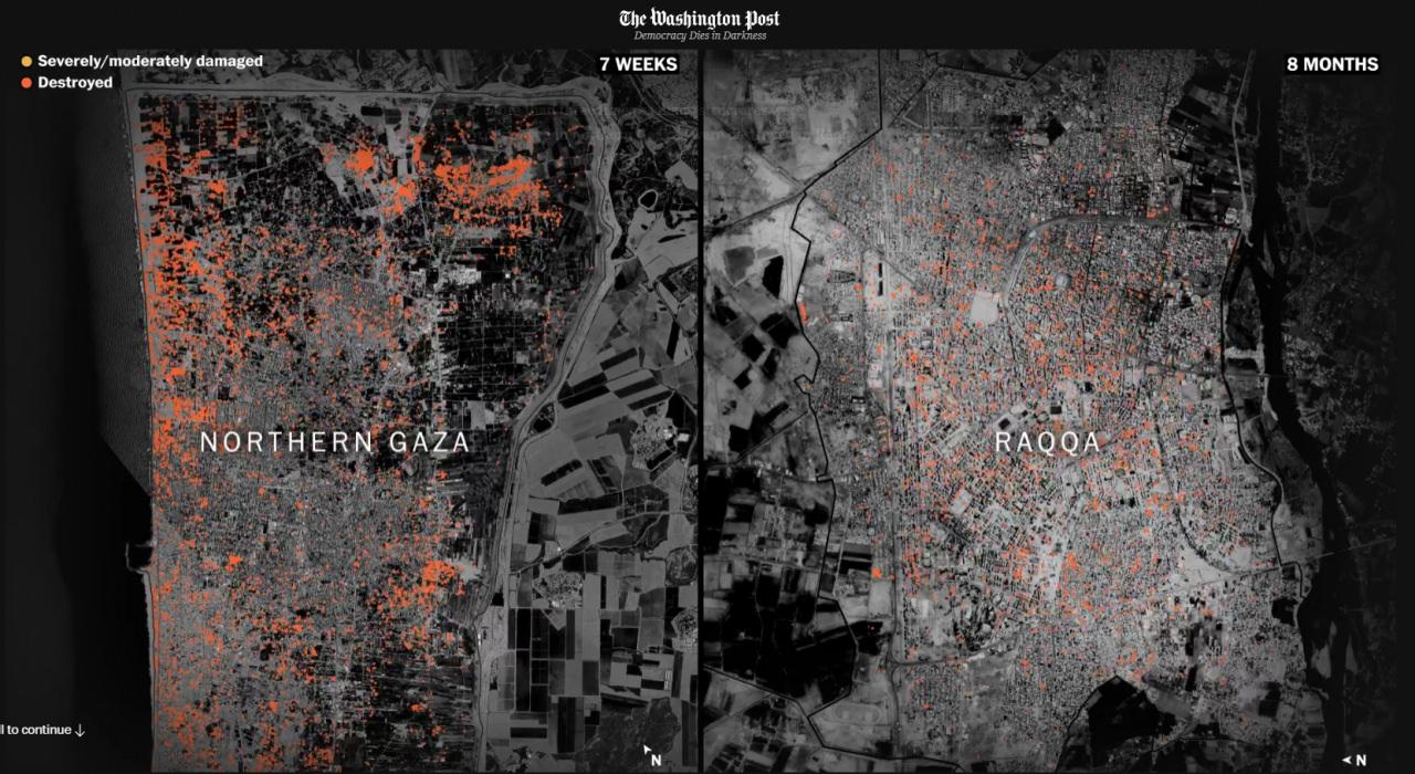 Kuzey Gazze ve Rakka'da yıkılan binaları gösteren uydu görüntüsü