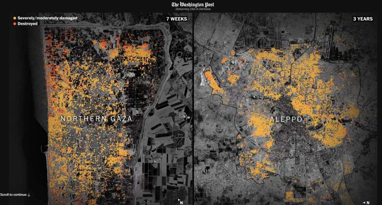 Kuzey Gazze ve Halep'te hasarlı binaları gösteren uydu görüntüsü