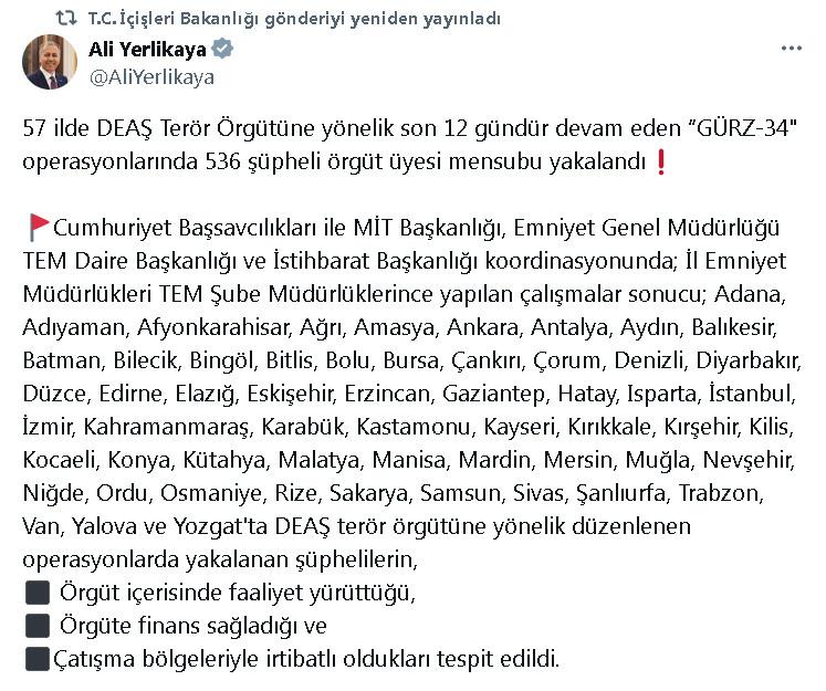 İçişleri Bakanı Ali Yerlikaya'nın Gürz-34 operasyonuna dair paylaşımı