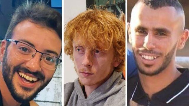 İsrail ordusunun Gazze'de Filistinli zannederek öldürdüğü 3 Yahudi esir: (Soldan sağa) Alon Shamriz (31), Yotam Haim (28), Samer Talalka (25)
