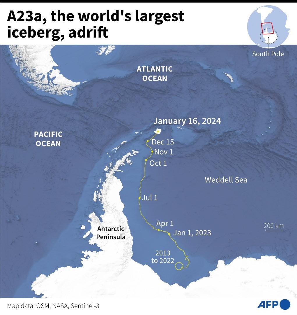 En son Ocak 2024'te görüntülenen A23a, Atlantik Okyanusu'na daha sıcak sulara doğru  ilerliyor.