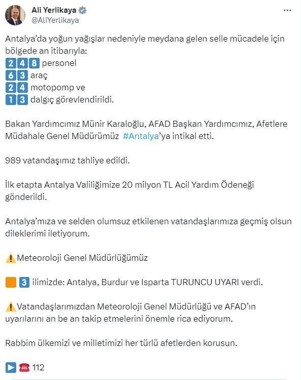 İçişleri Bakanı Ali Yerlikaya'dan Antalya'daki Sel Felaketi Hakkında Açıklama