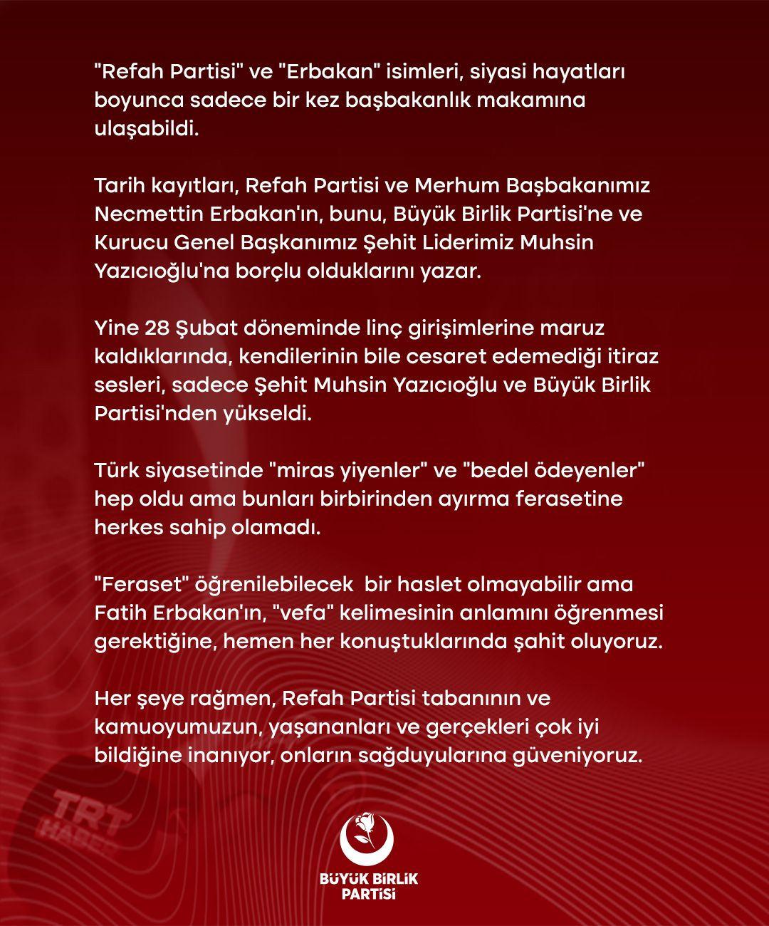 Kriz büyüyor! BBP'den Yeniden Refah'a Erbakan göndermesi: Yazıcıoğlu'na borçlu...