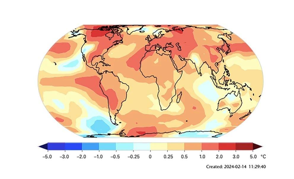 Harita 2023 yılındaki küresel yüksek sıcaklıkları göstermektedir.