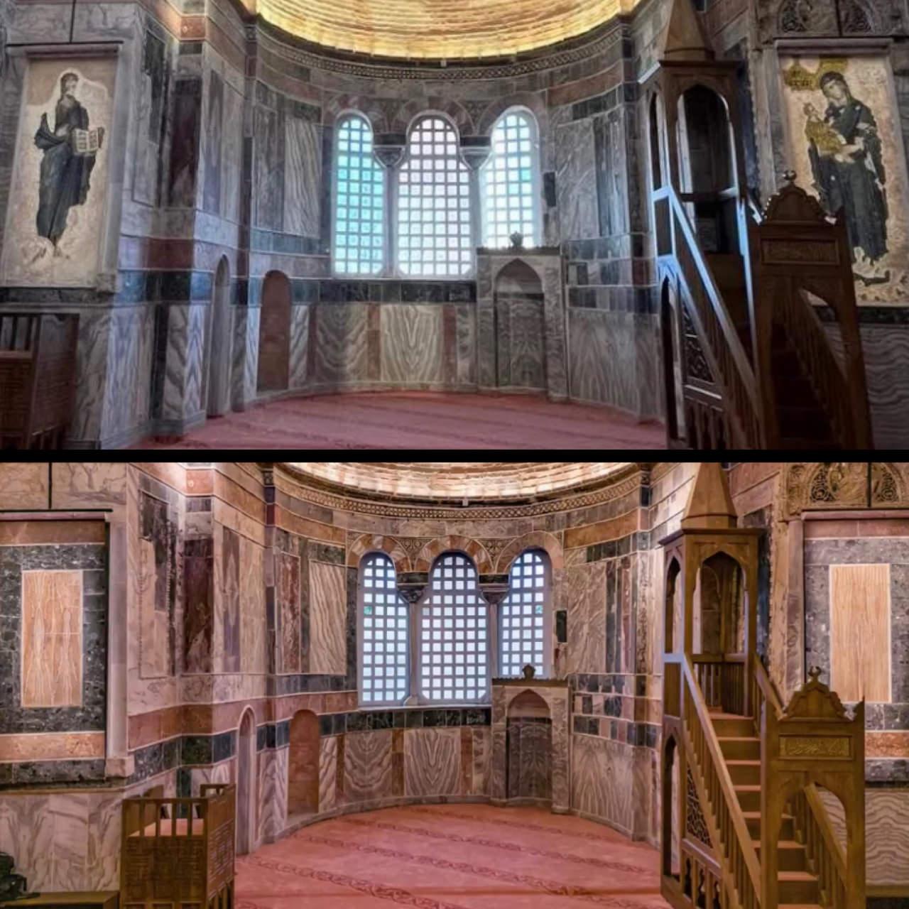 Kariye Cami’nde namaz kılınacak olan harim bölümündeki iki resim, yapıyı çevreleyen taşların renklerinden tasarlanan açılır kapanır perdelerle örtüldü.