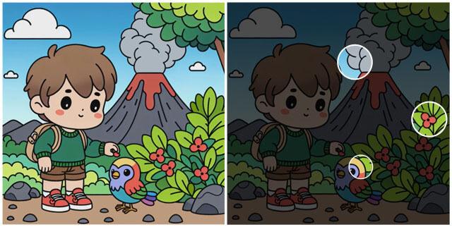 Ormanda kuş seven çocuğa ait iki resim arasındaki 3 farkı 15 saniye içerisinde bulabilir misin?