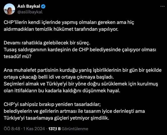 Aslı Baykal'ın X hesabından yaptığı paylaşım