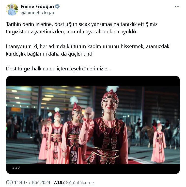 Emine Erdoğan'ın Kırgızistan ziyareti ile ilgili paylaşımı