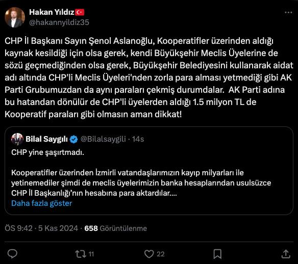 İzmir Büyükşehir Belediyesi AK Parti Grup Başkanvekili Hakan Yıldız'ın paylaşımı