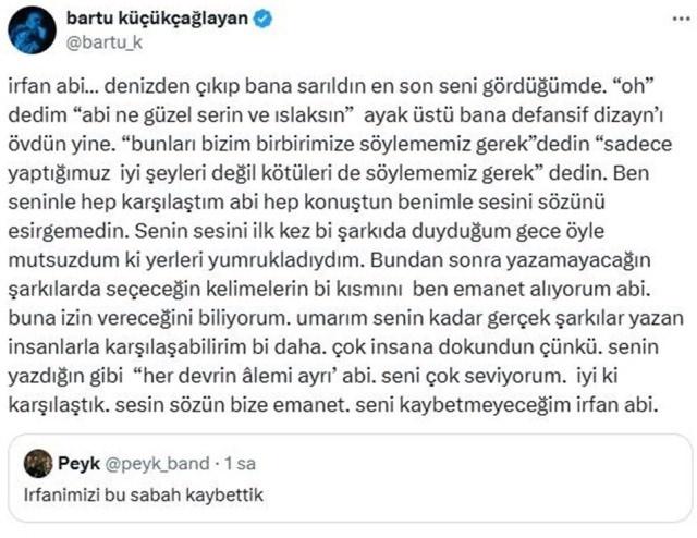 Bartu Küçükçağlayan'ın İrfan Alış için sosyal medyadan yayınladığı taziye mesajı