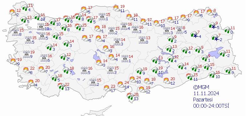 11 Kasım Pazartesi için hava durumu tahmin haritası