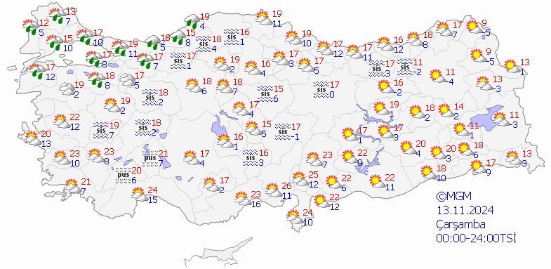 13 Kasım Çarşamba hava durumu tahmin haritası