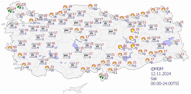 12 Kasım Salı hava durumu tahmin haritası