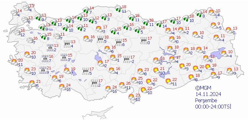 14 Kasım Perşembe hava durumu tahmin haritası