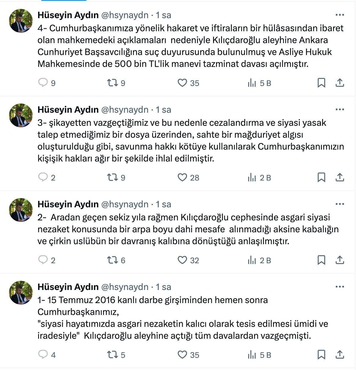 Avukat Hüseyin Aydın'ın sosyal medya paylaşımı.