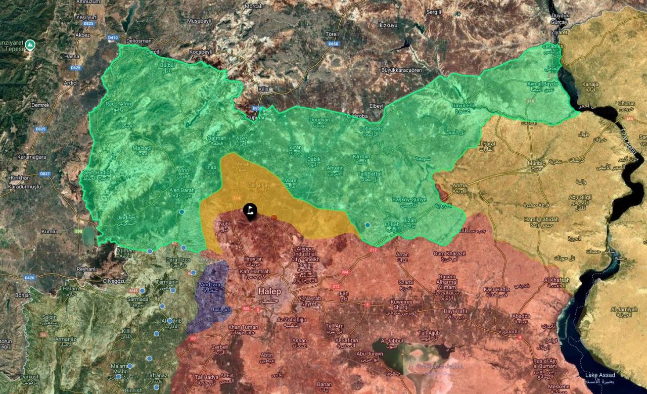 29.11.2024 15:32 Son Durum Haritası Yeşil Alan: TSK- El-Bab/Afrin Turuncu Alan: YPG-PKK/Rejim Tel Rıfat Kırmızı Alan: Rejim- Halep Mor Alan: Muhaliflerin Halep Operasyon Bölgesi