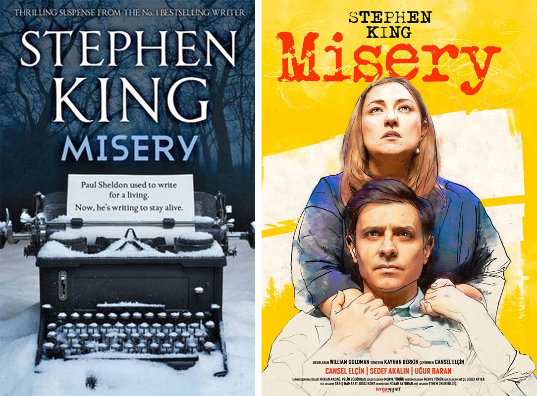 Stephen King'in 'Misery' romanının kapak görseli ve 'Misery' tiyatro oyununun afişi