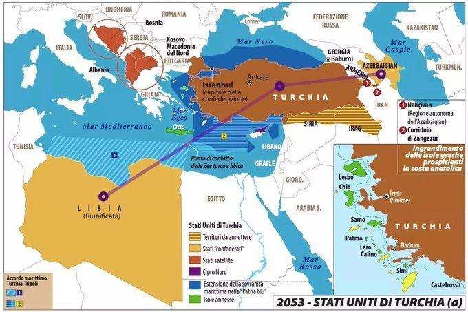 İtalyan strateji dergisi Limesonline'ın 'Türkiye Birleşik Devletleri 2053' başlığıyla paylaştığı harita