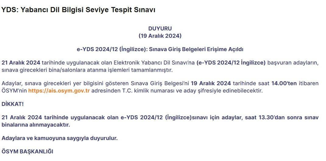 ÖSYM e-YDS sınavı duyurusu