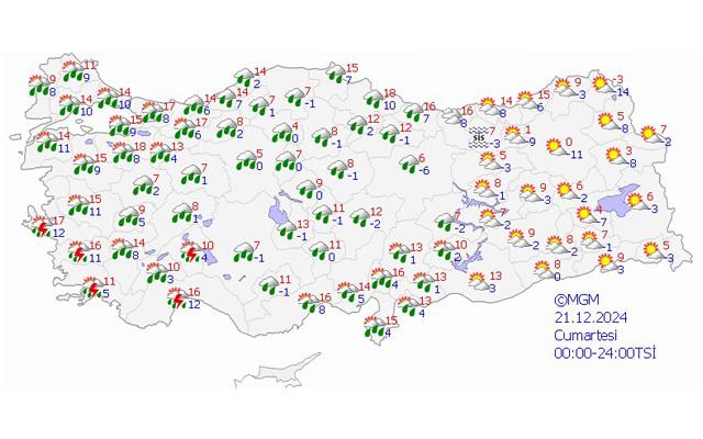 21 Aralık Cumartesi günü Türkiye hava durumu haritası